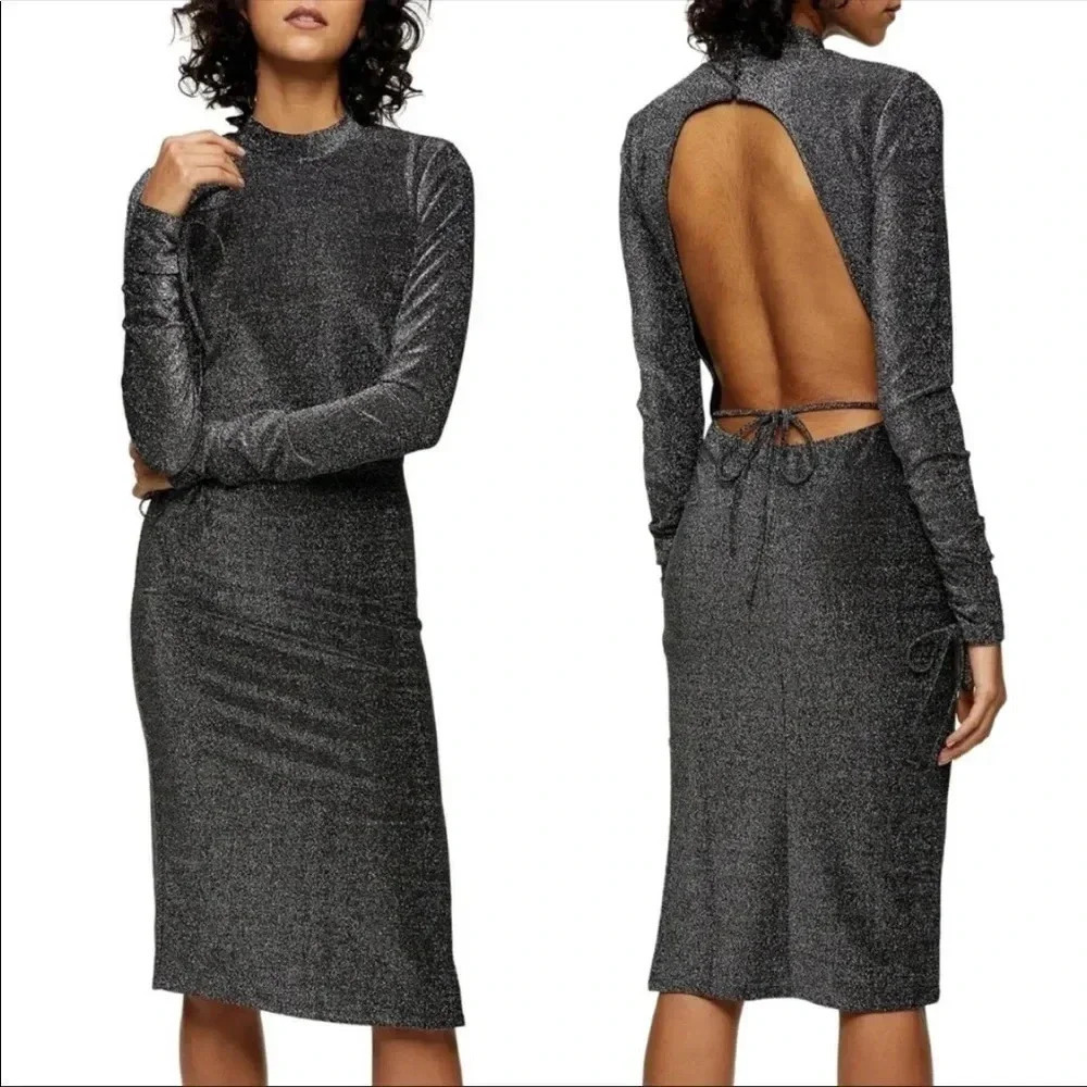Topshop MIDI Dress Metallic Sparkle Long Sleeve Cocktail Party High‎ Neck Size 6